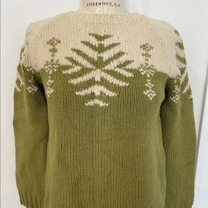 VTG J Crew 100% Wool Hand Knit Ivory Green Snowflake Heavy Sweater Sz Sm